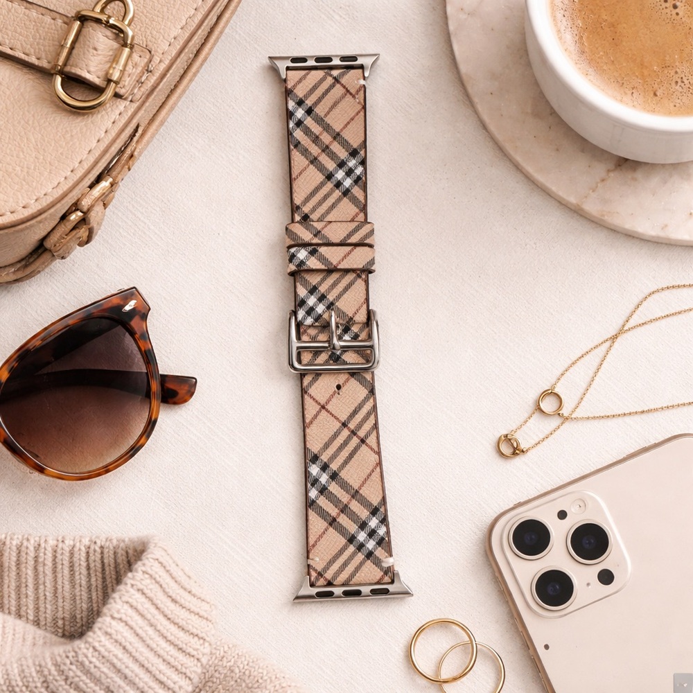 Plaid Beige Leather Apple Watch Band - Classic Tan Pattern